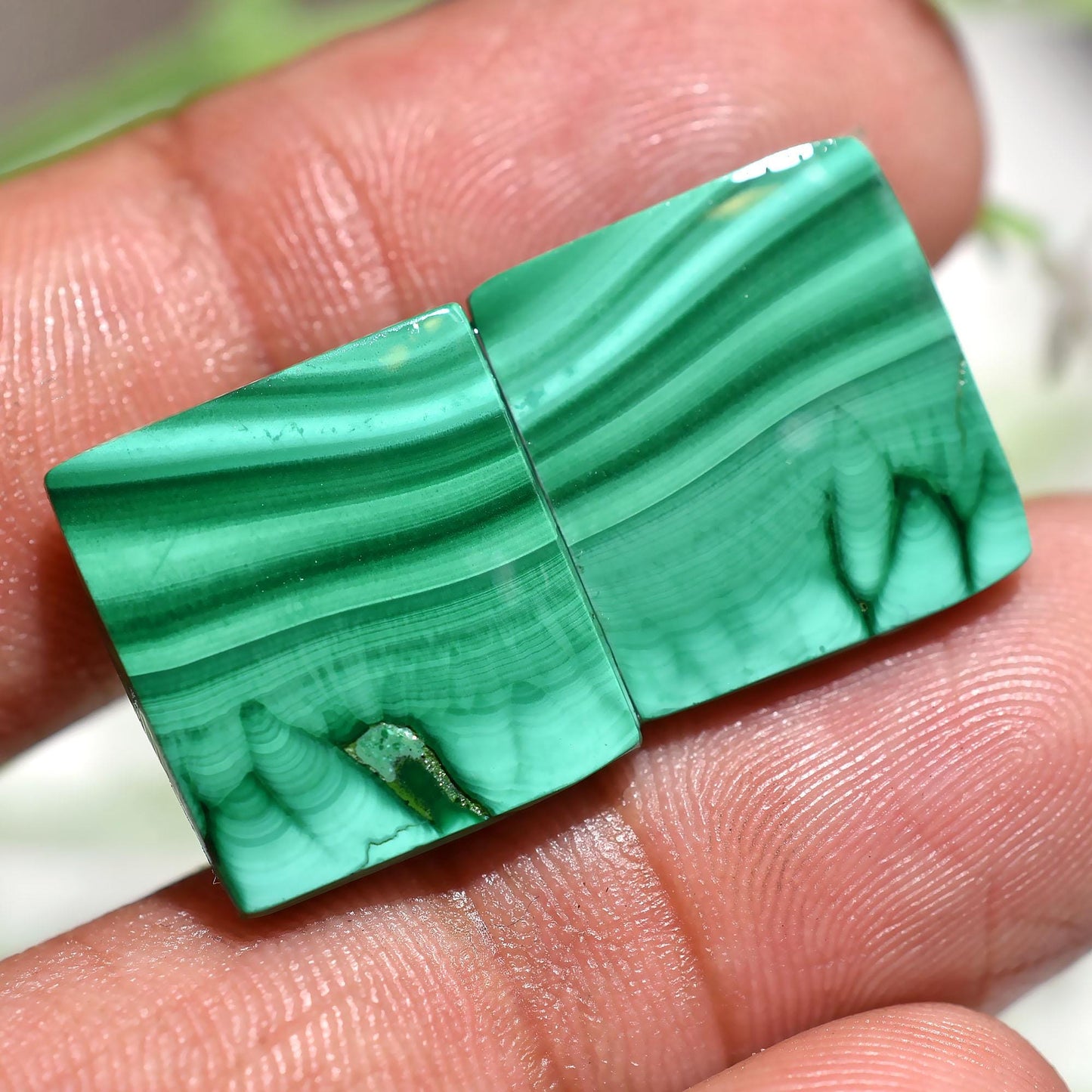 Malachite Cabochon Pair - Square Shaped Smooth Designer Malachite Stone