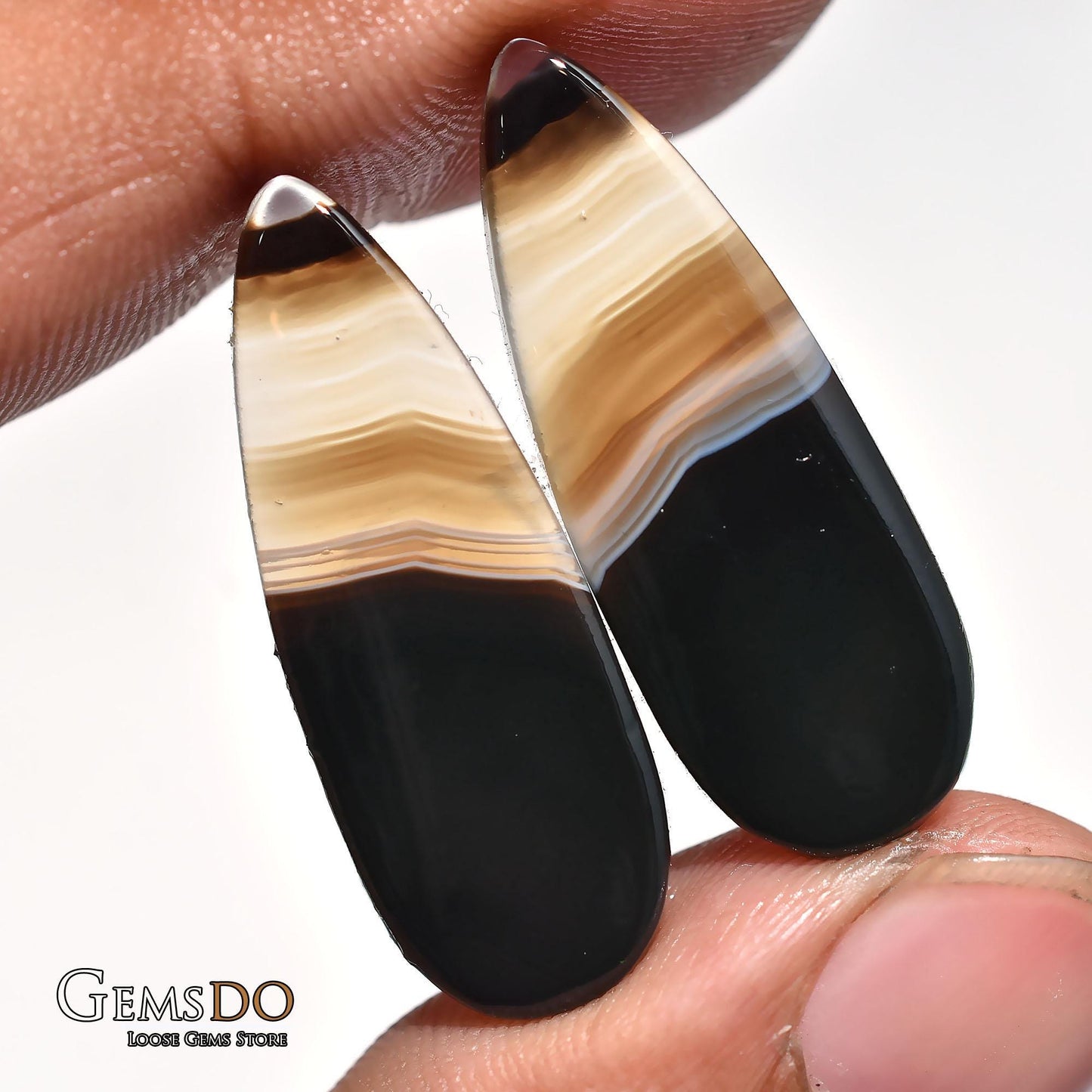 Black Banded Agate Earrings Pair, Pear Shaped Smooth Agate Gemstones