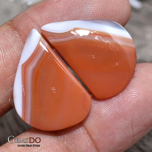 Orange Agate Earrings Pair, Fancy Banded Agate Cabochons